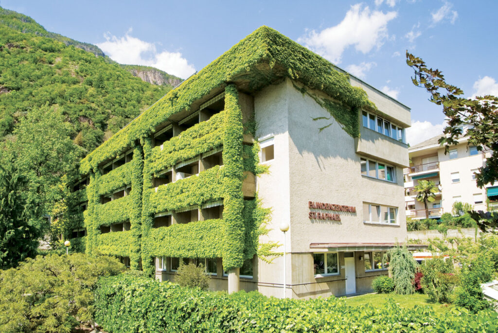 Ein Gebäude mit grüner Fassadenbegrünung und der Beschriftung Blindenzentrum St. Raphael im Vordergrund.