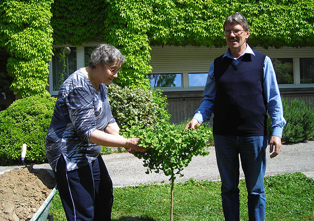 Zwei Personen stehen im Freien vor einer mit Efeu bewachsenen Mauer, während eine von ihnen sich über ein kleines, buschiges Gewächs beugt.