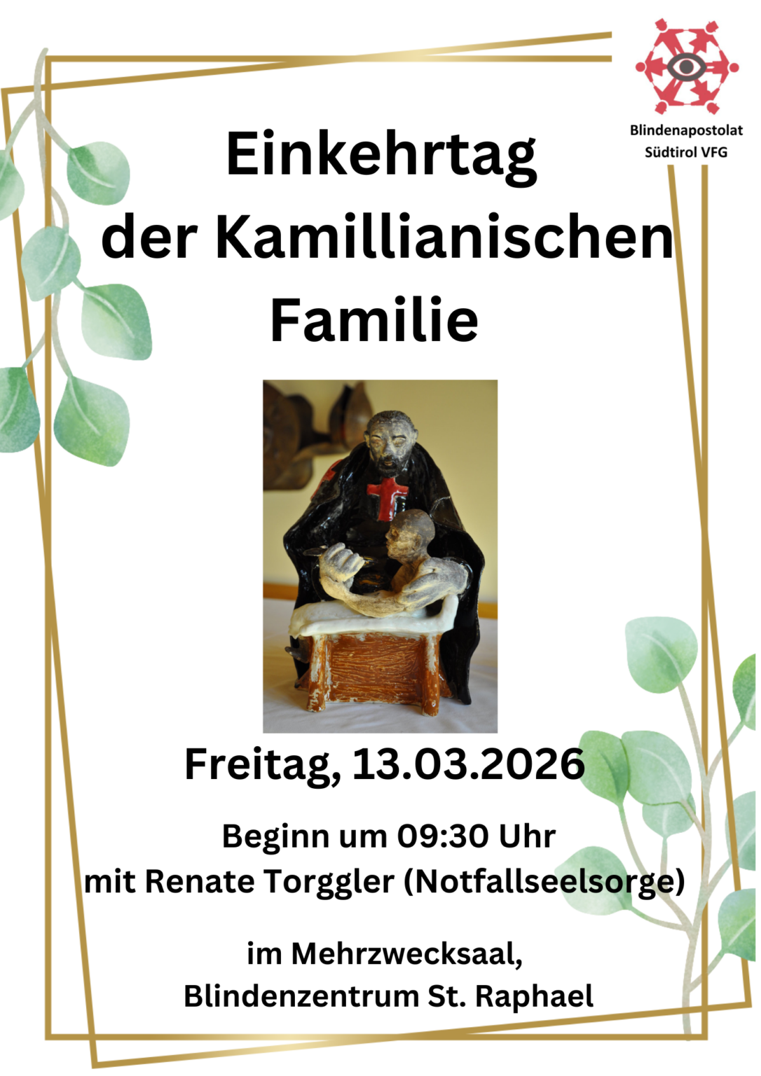 Einladungsplakat für den Einkehrtag der Kamillianischen Familie am 13.03.2026, mit einer Skulptur eines Mönchs, der sich um eine kranke Person kümmert.