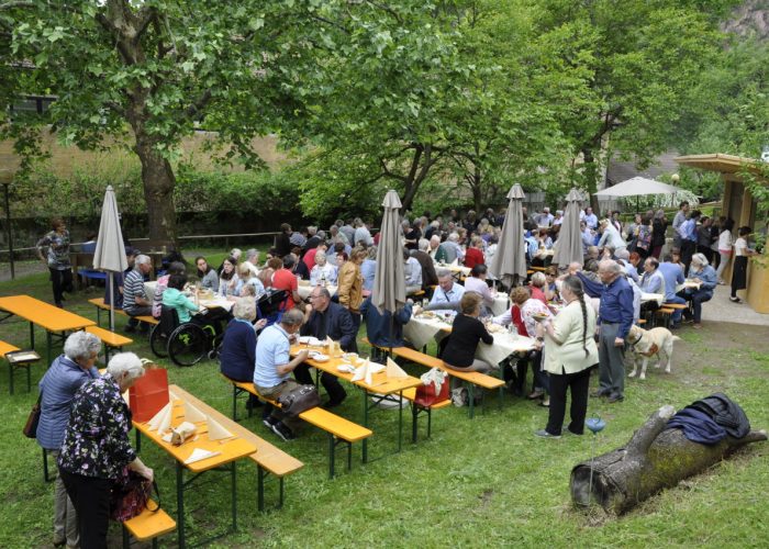 Eine große Gruppe von Menschen sitzt an langen Tischen in einem grünen Park, darunter Menschen im Rollstuhl und ein Blindenhund, während sie gemeinsam ein Fest im Freien genießen.
